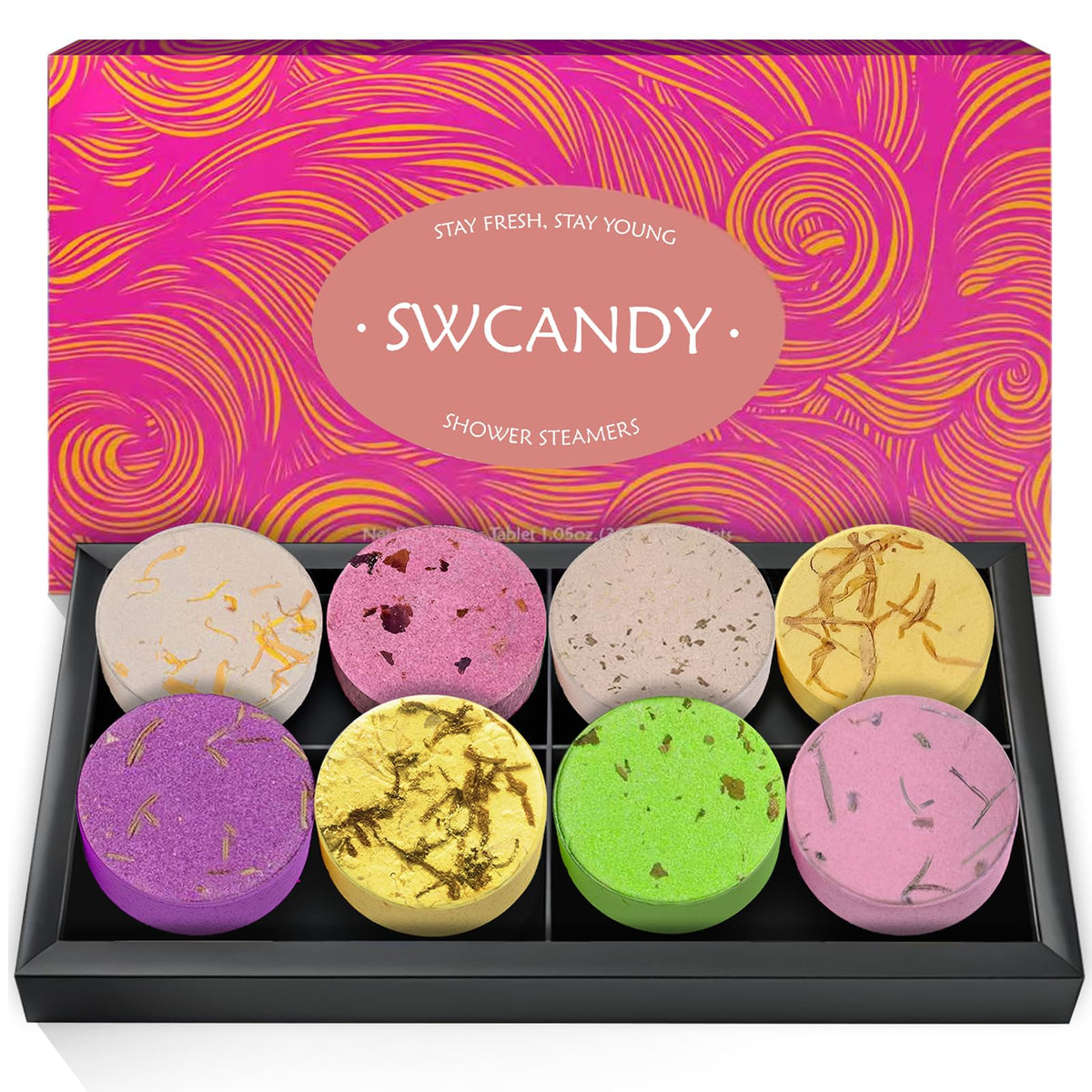 SWCANDY Shower Steamers in packaged gift form deliver a ready-to-gift aromatherapy experience