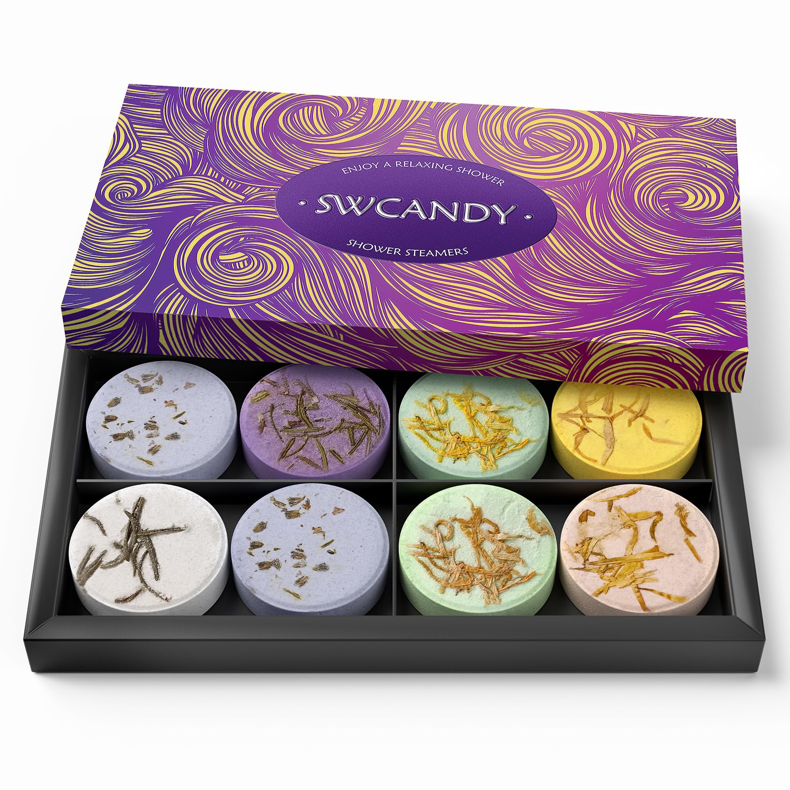 SWCANDY Shower Steamers packaging shows gift-ready presentation for holidays.