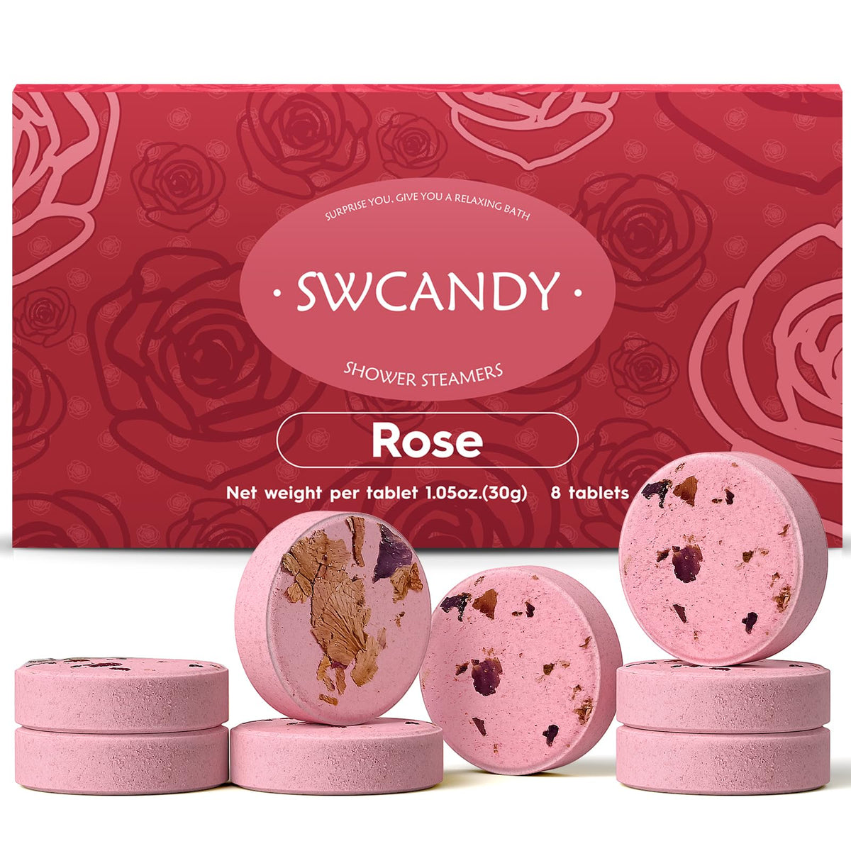 SWCANDY shower steamers rose gift set showcasing calming rose fragrance.