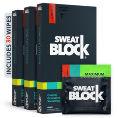 SweatBlock antiperspirant wipes packshot showing clinical-strength protection