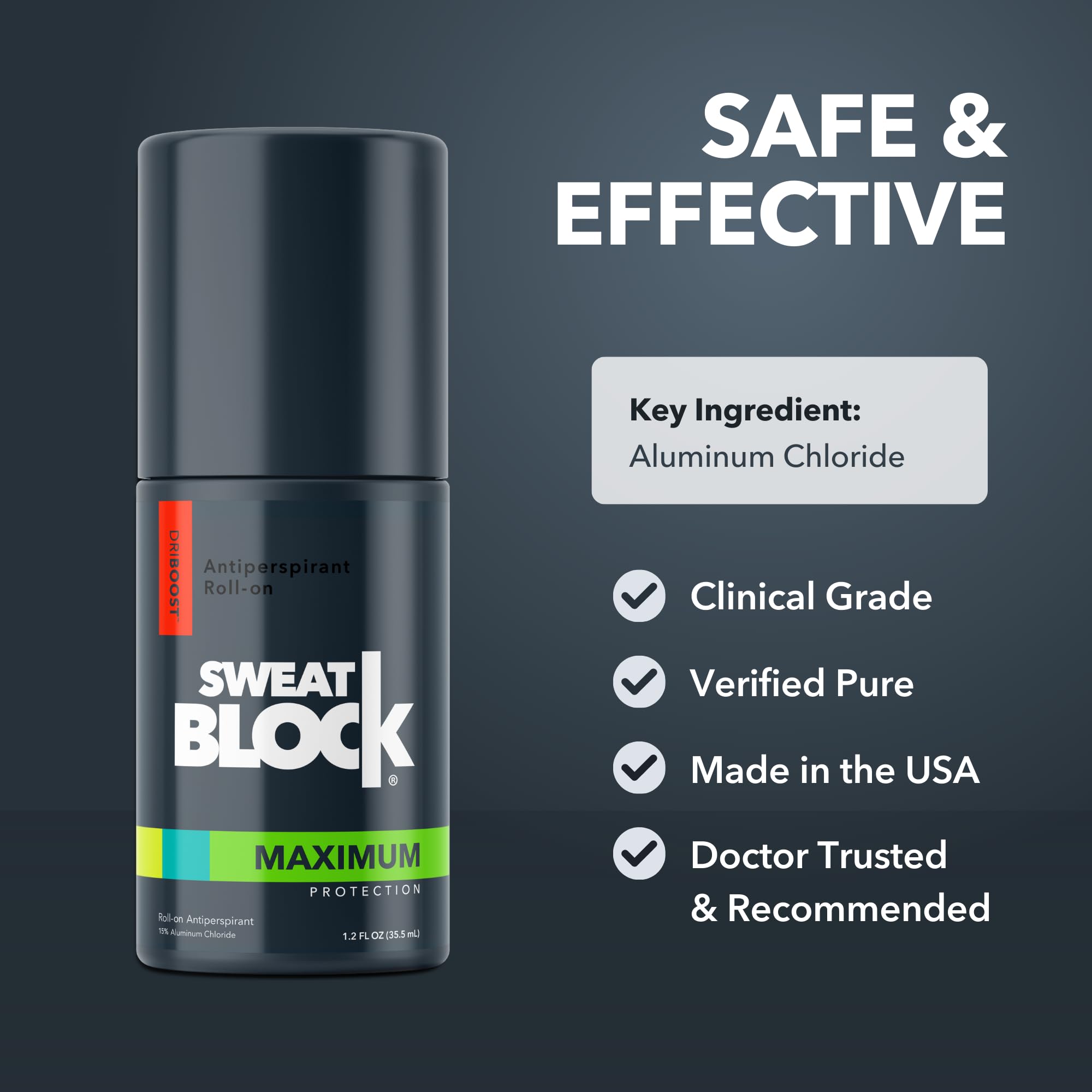 SweatBlock USA-made clean-label badge communicates safe, transparent ingredients.