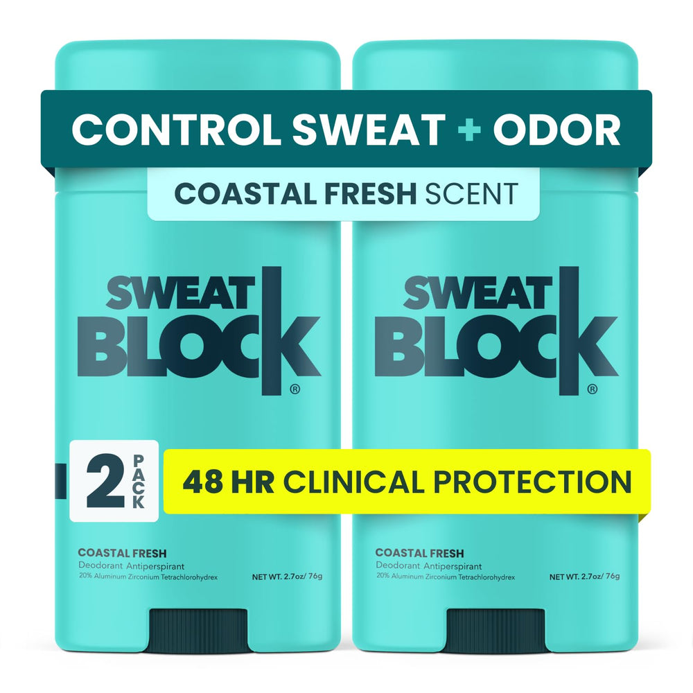 SweatBlock clinical strength deodorant bottle with long-lasting underarm protection and odor control.