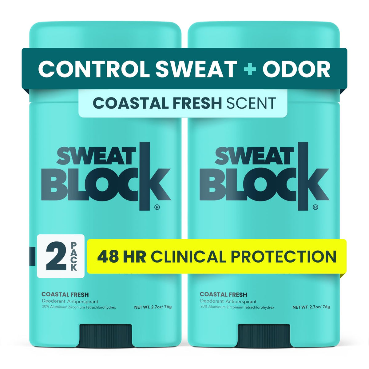 SweatBlock clinical strength deodorant bottle with long-lasting underarm protection and odor control.