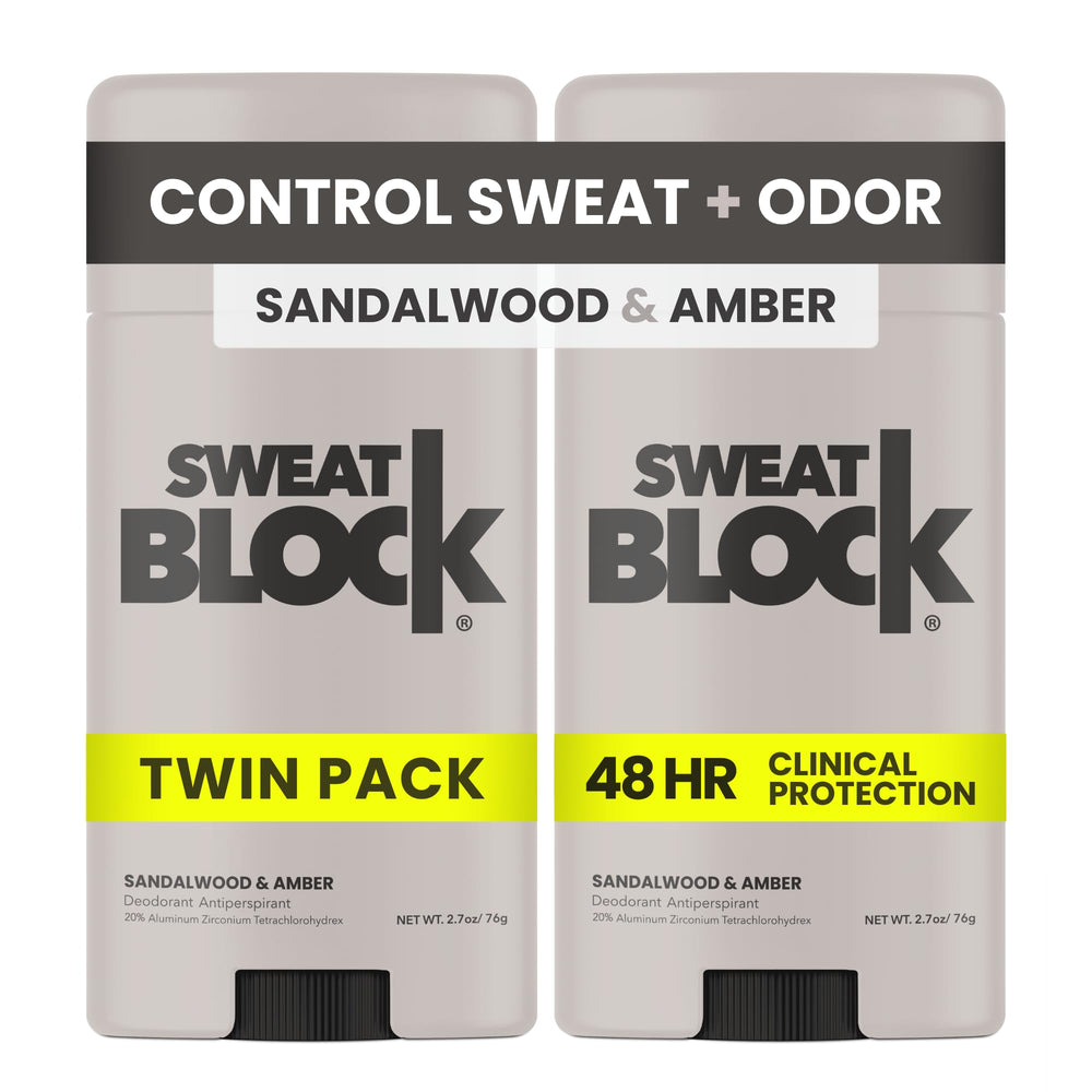 SweatBlock clinical-strength deodorant stick in sandalwood amber for all-day freshness.