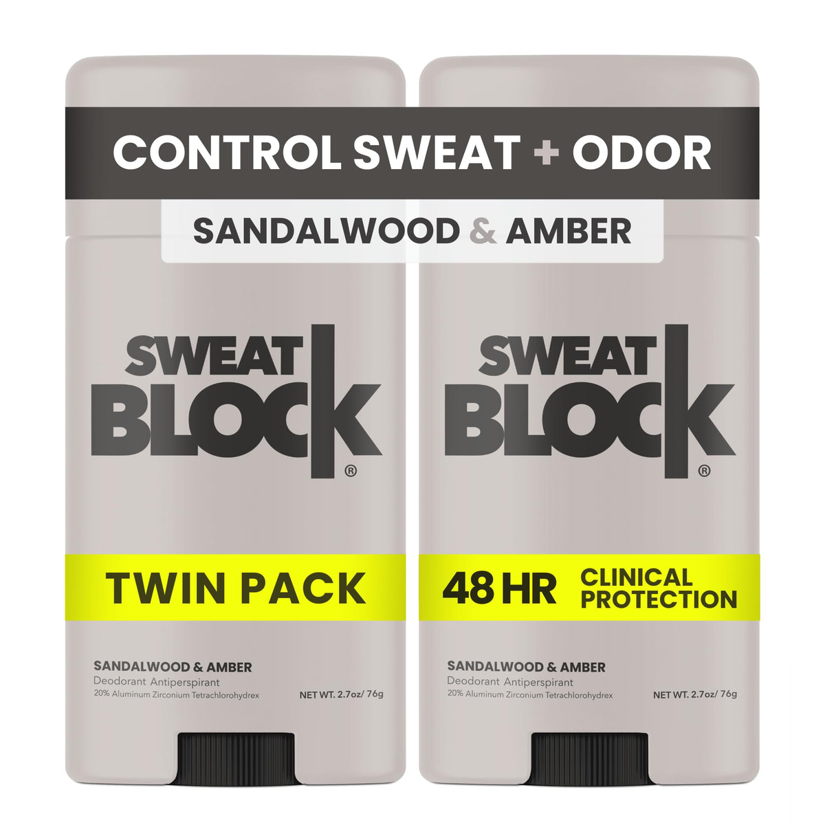 SweatBlock clinical-strength deodorant stick in sandalwood amber for all-day freshness.