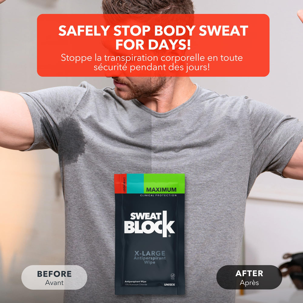 SweatBlock underarms-area wipe demonstrates quick spot protection for comfortable all-day wear.