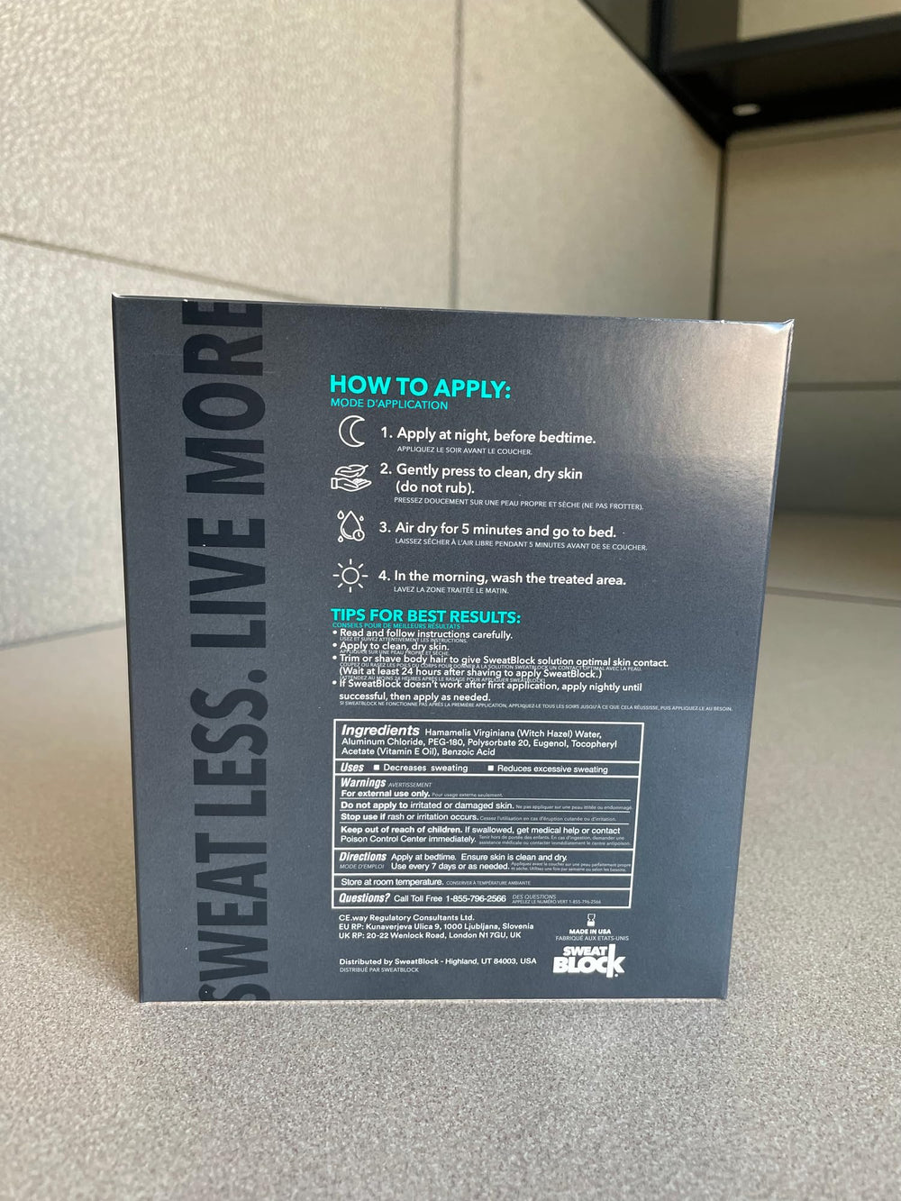 SweatBlock USA-made wipe emphasizing quality and skin-friendly formulation.