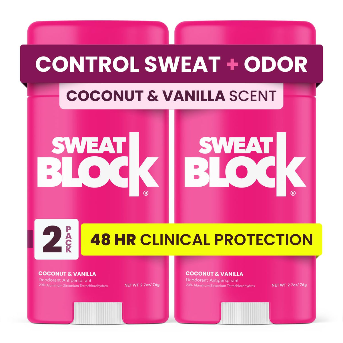 SweatBlock coconut-vanilla deodorant bottle, tropical scent, lasting freshness.