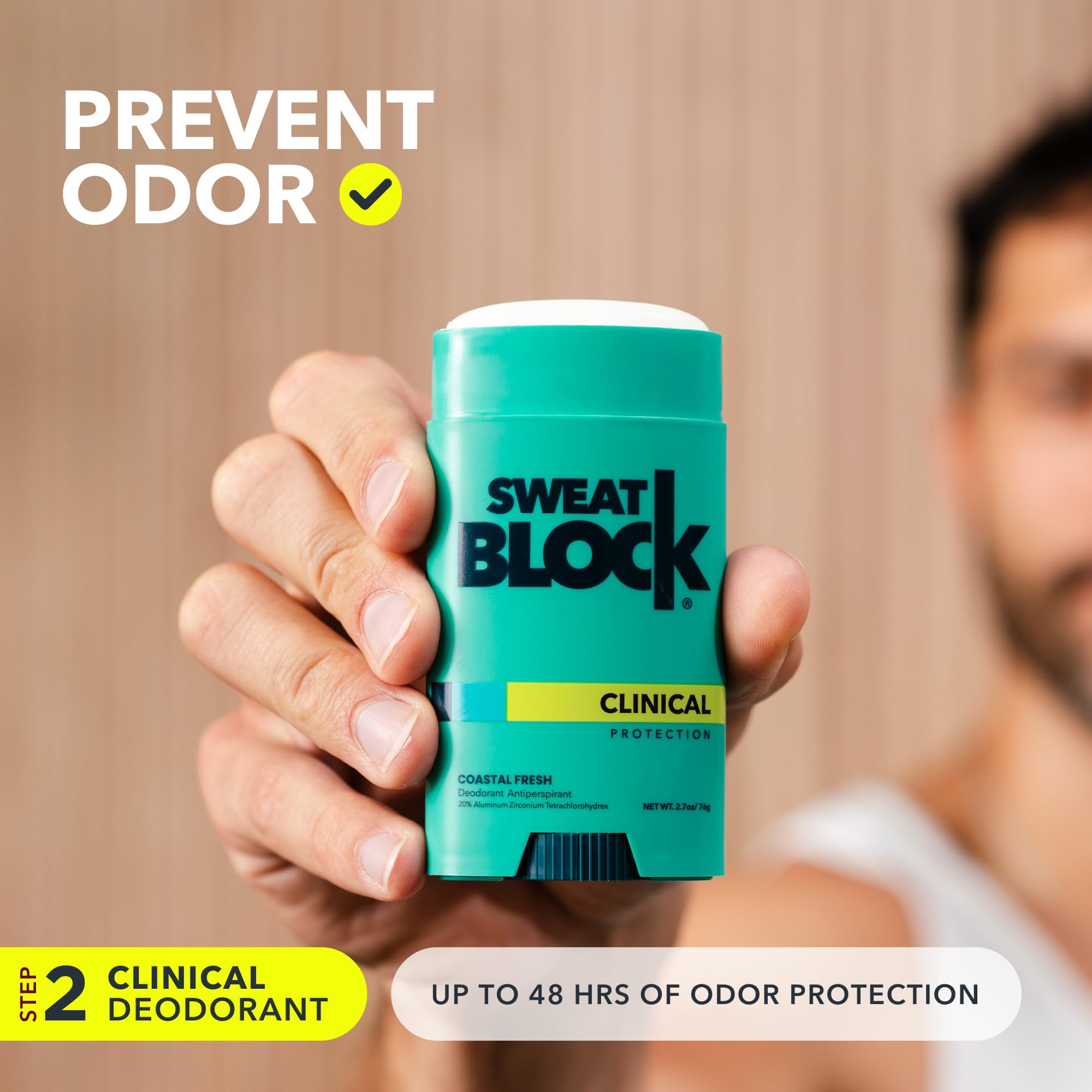 SweatBlock clinical-strength deodorant morning application highlights daily underarm defense.