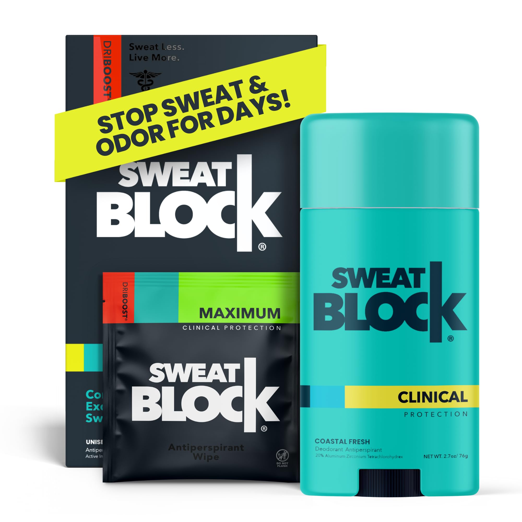 SweatBlock DRIBOOST wipes close-up showing strong sweat protection for dry, confident days.