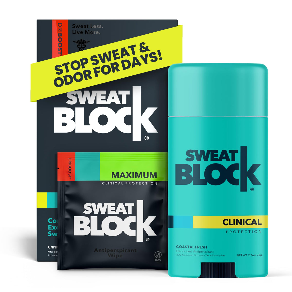 SweatBlock DRIBOOST wipes close-up showing strong sweat protection for dry, confident days.