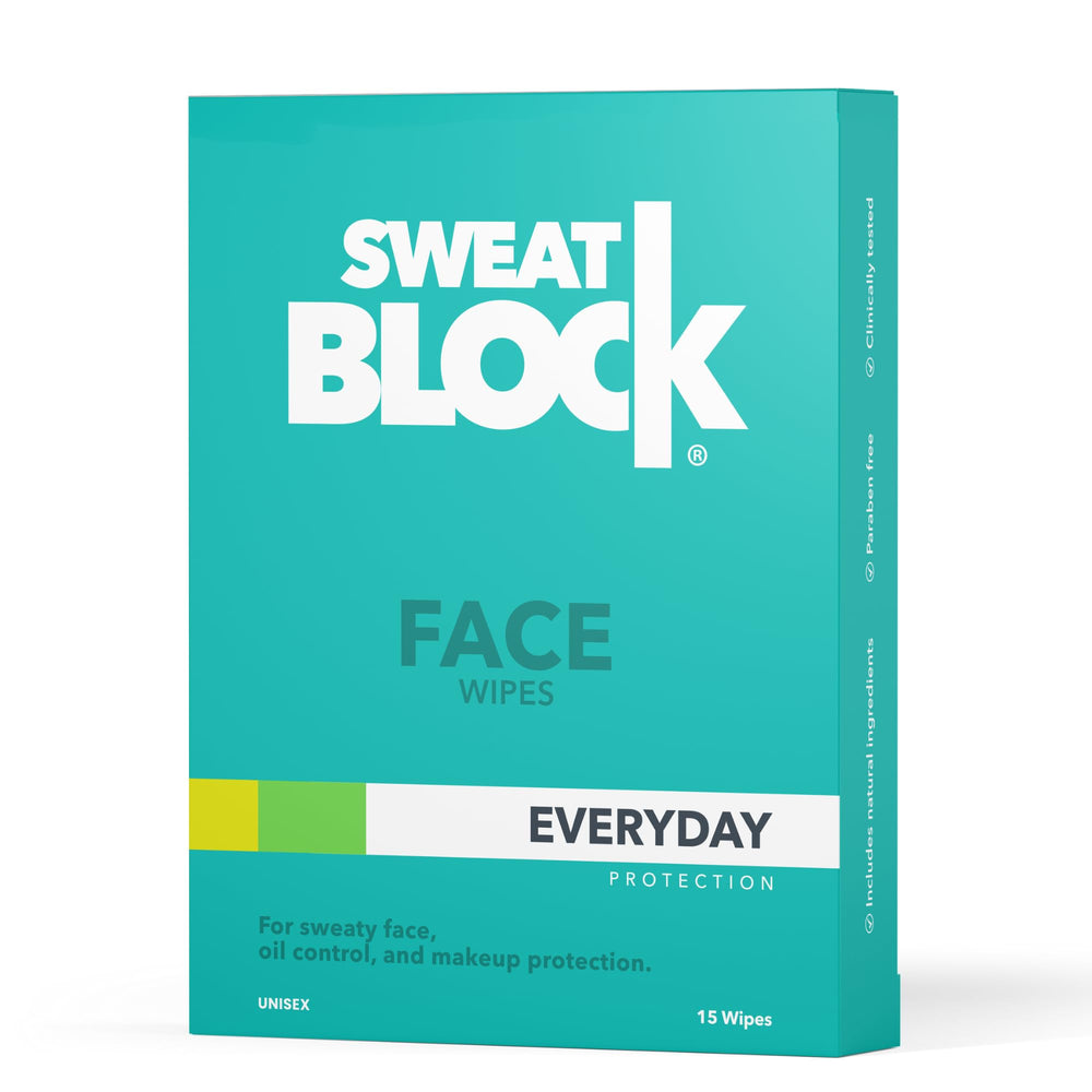 SweatBlock face wipes packaging demonstrates convenient shine control on the go