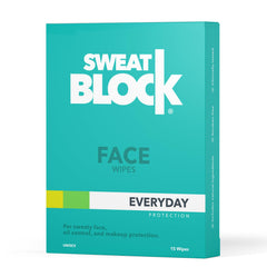 SweatBlock face wipes packaging demonstrates convenient shine control on the go