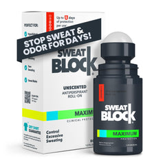 SweatBlock maximum-strength roll-on bottle closeup shows long-lasting dryness.