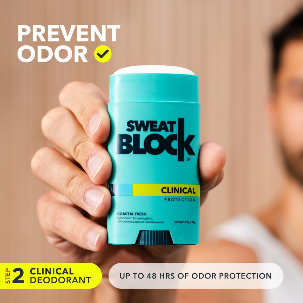 SweatBlock morning application image shows fresh odor protection during workouts and meetings.