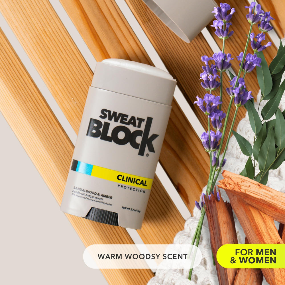 SweatBlock pure ingredients label highlights clean, cruelty-free, USA-made formula.