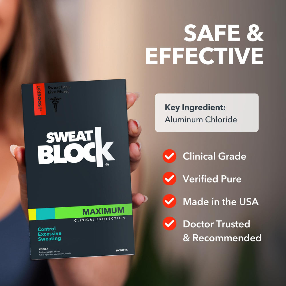 SweatBlock wipes individually wrapped detail shows on-the-go protection.
