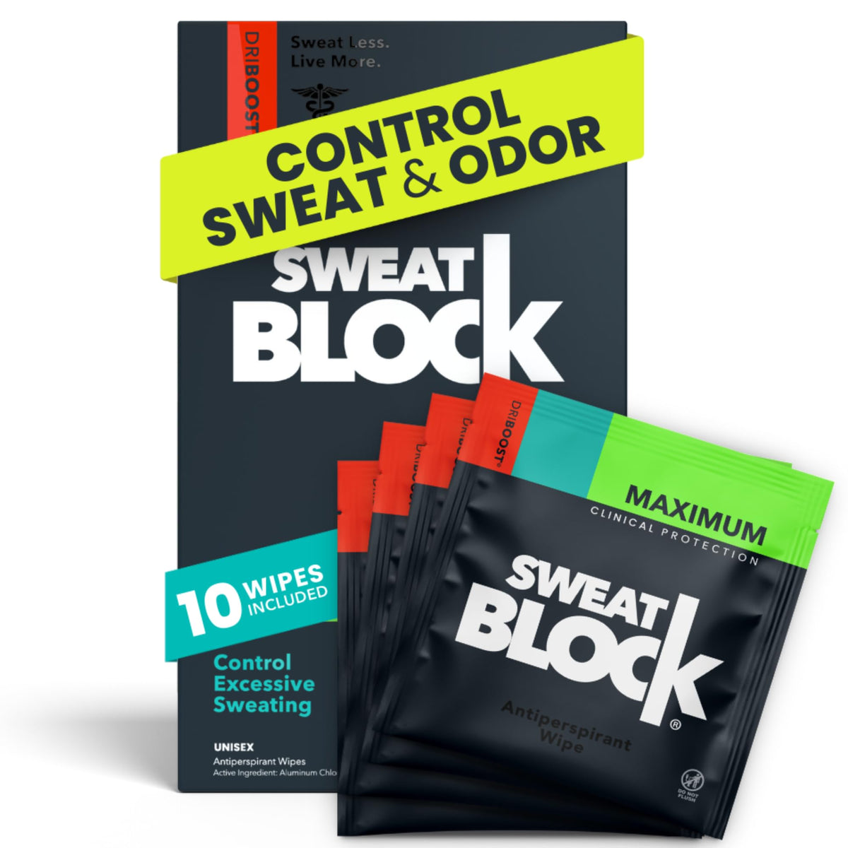 SweatBlock wipes pack closeup showing portable, clinical-strength protection for on-the-go use.