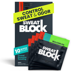 SweatBlock wipes pack closeup showing portable, clinical-strength protection for on-the-go use.