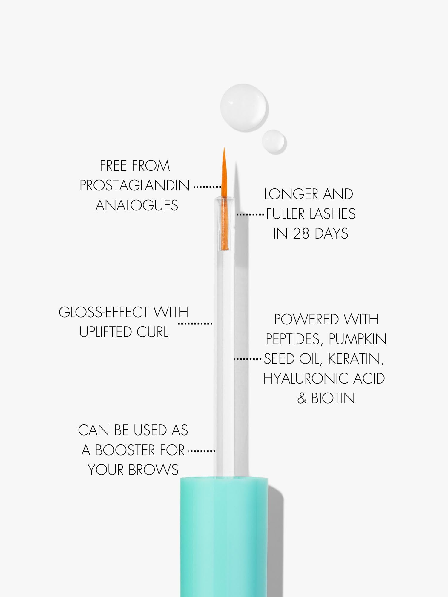 SWEED eyelash-growth-serum ingredients panel displays peptides biotin pumpkin seed oil benefits.