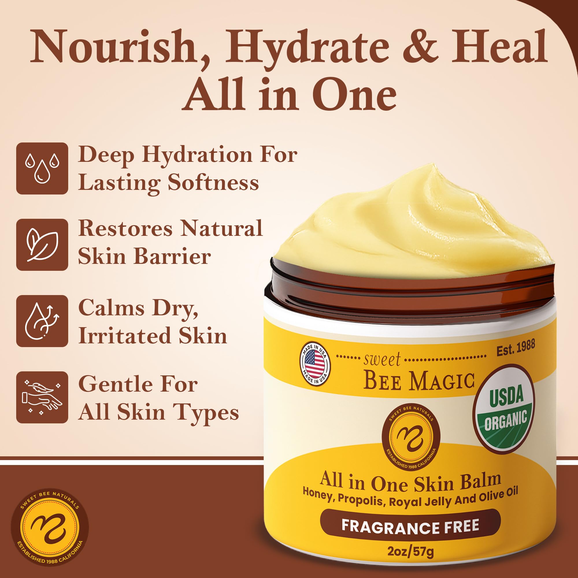 Sweet Bee Naturals daily moisturizer on hands suggests hydrated, balanced skin
