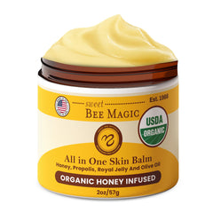 Sweet Bee Naturals Magic Balm jar closeup with creamy texture for soothing dry skin.