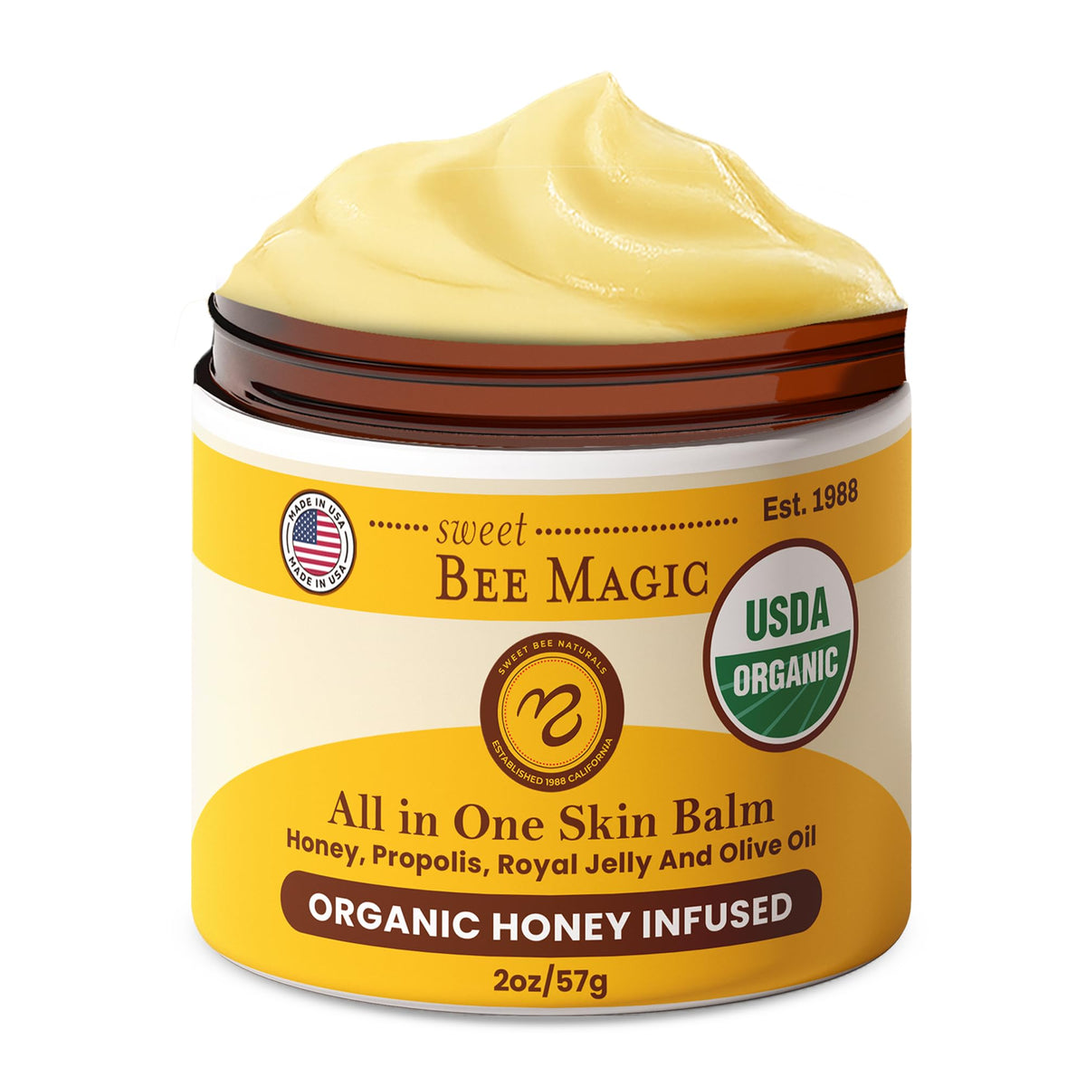 Sweet Bee Naturals Sweet Bee Magic jar closeup highlights rich moisture for irritated skin