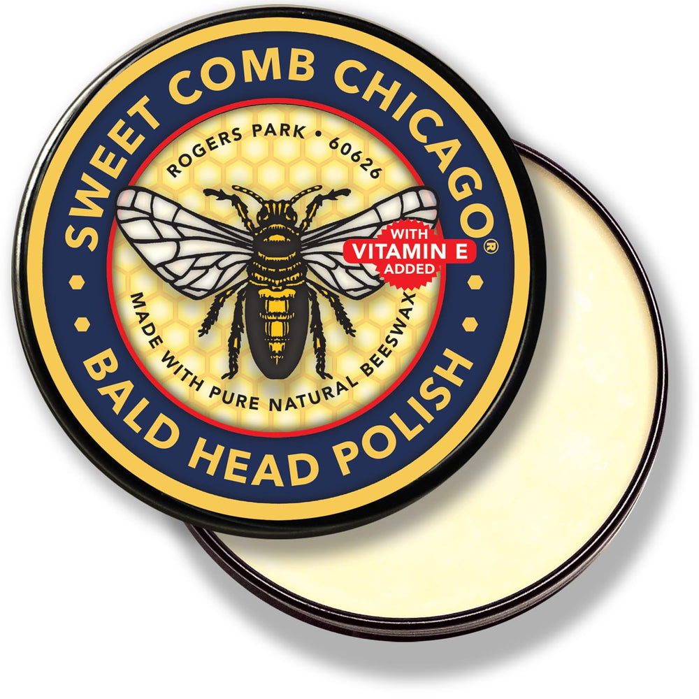 Sweet Comb Chicago Bald Head Polish bottle close-up for moisturized, healthy scalp.