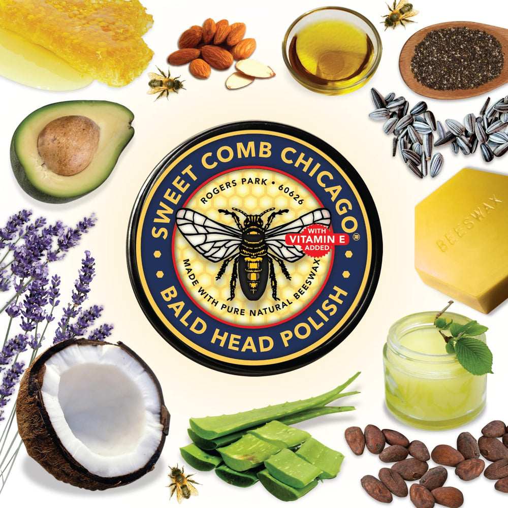 Sweet Comb Chicago Bald Head Polish tin texture ready for matte or shine finish.