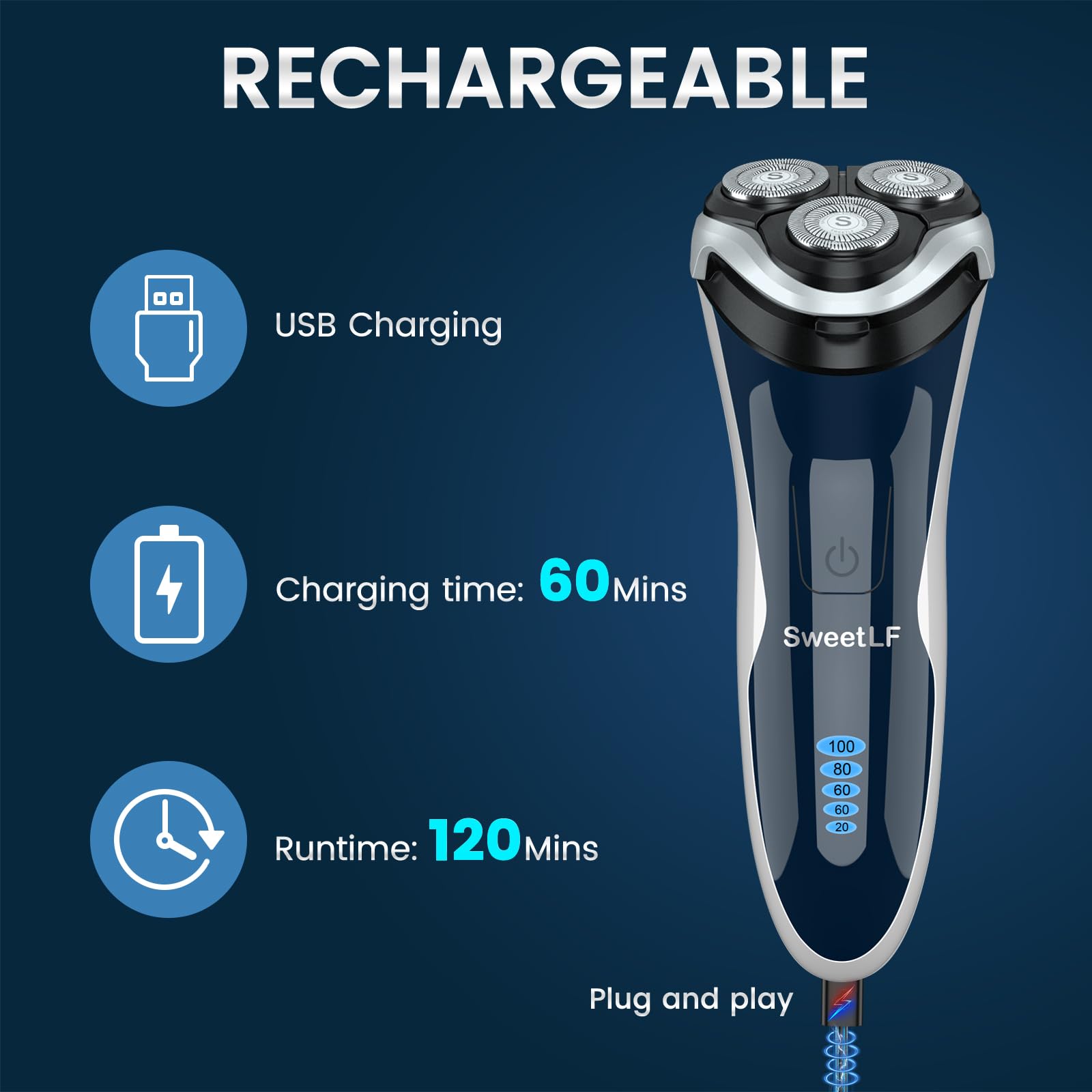 SweetLF electric razor IPX7 waterproof body supports wet or dry shaving.