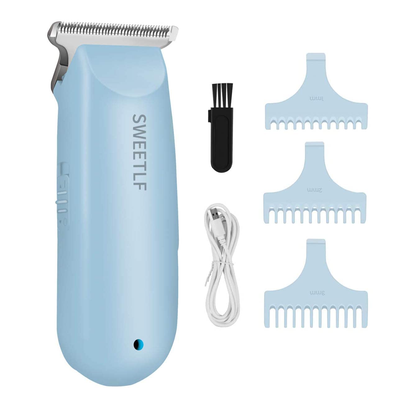 SweetLF hair clippers blue front view – compact cordless design for easy at-home grooming.