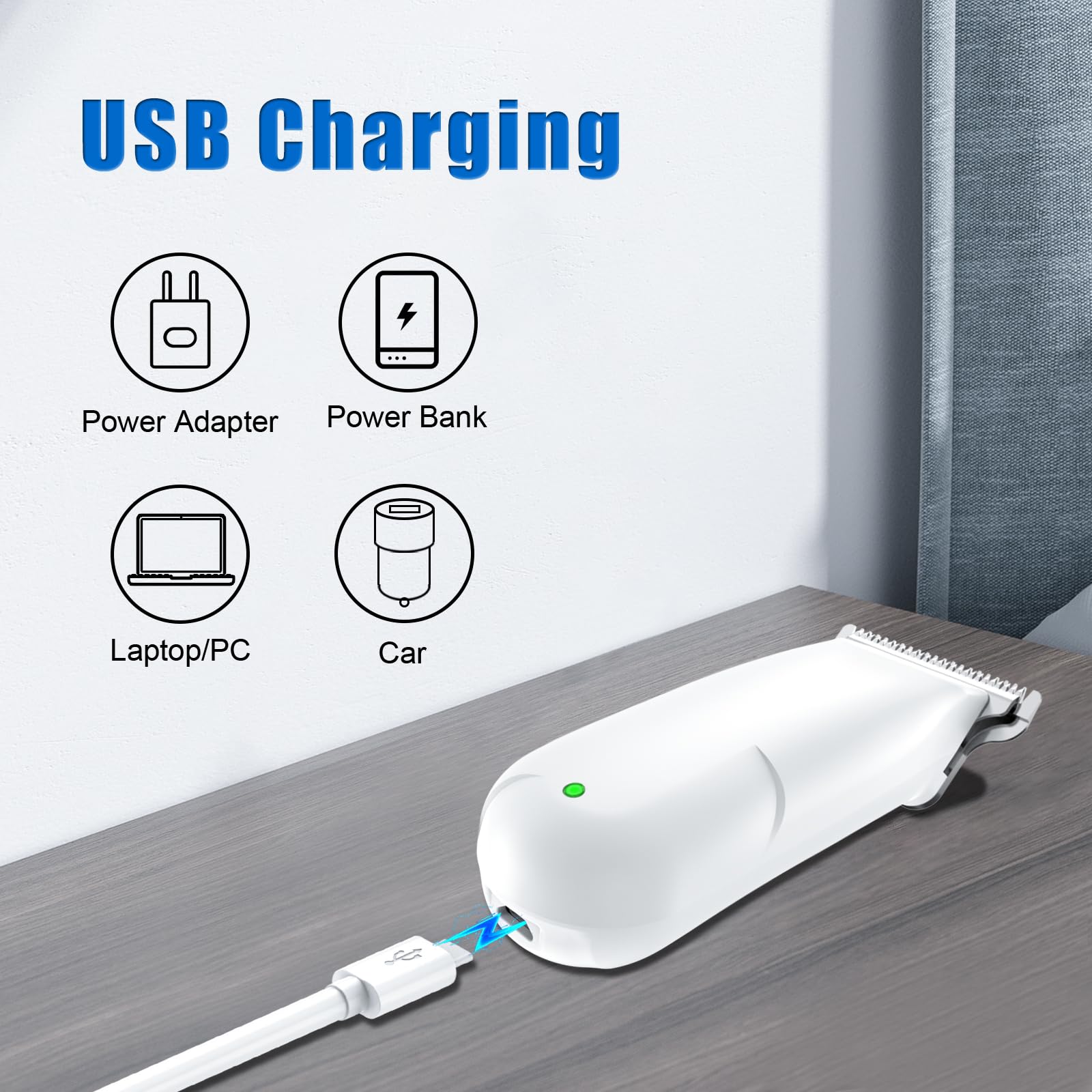 SweetLF Hair Clippers cordless USB charging illustration highlights 45-minute operation.