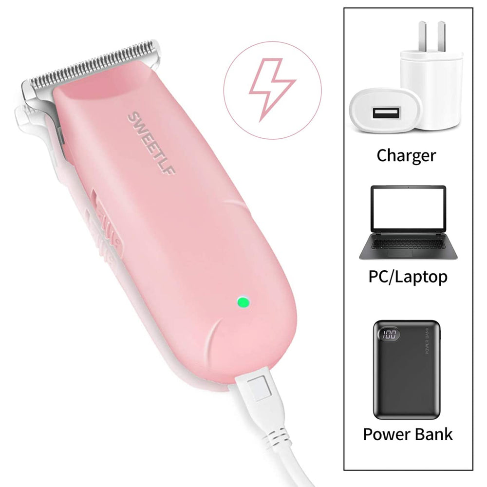 SweetLF portable pink clippers beside a travel bag for travel grooming.