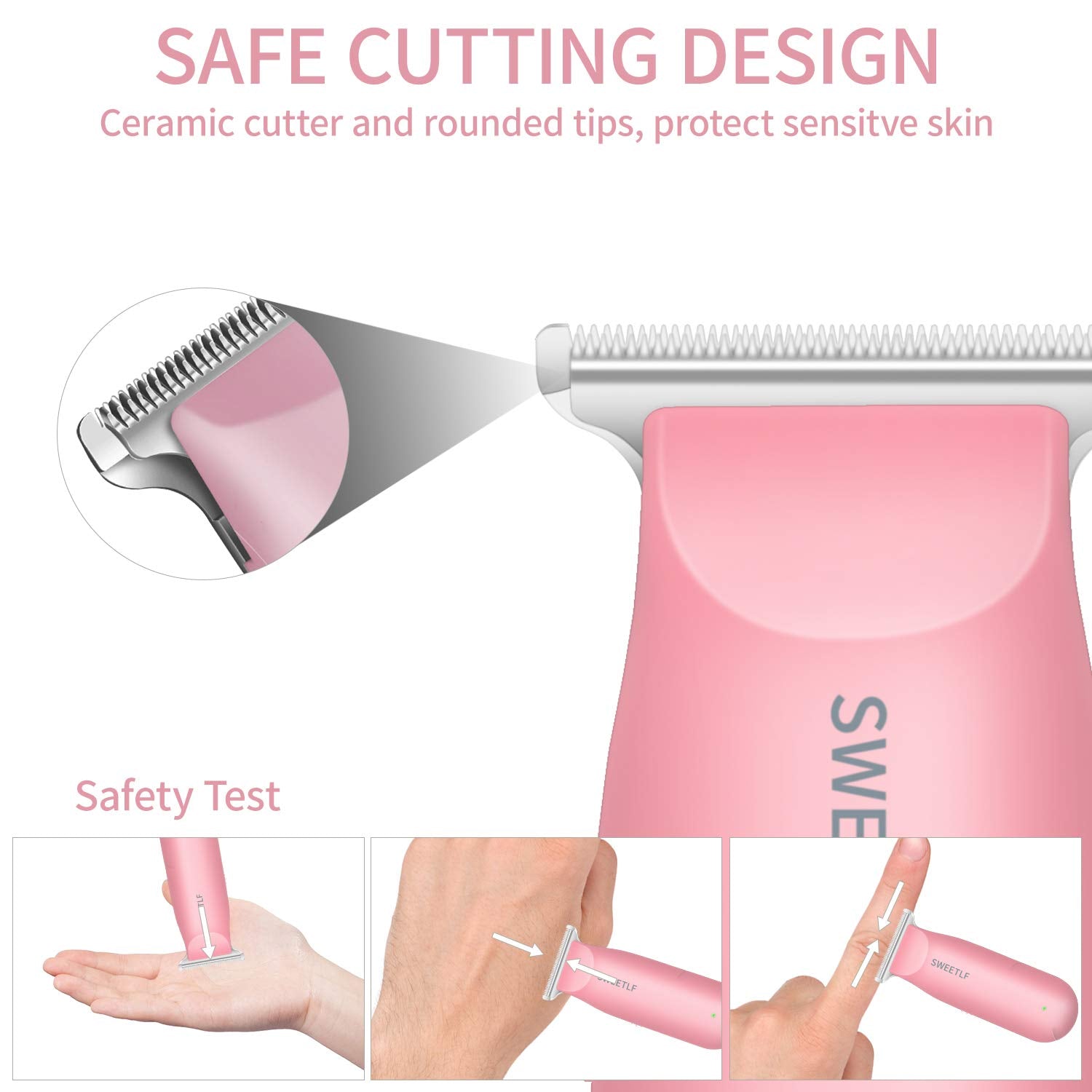 SweetLF safety blade with R-shape design reduces pulling and irritation during trimming.