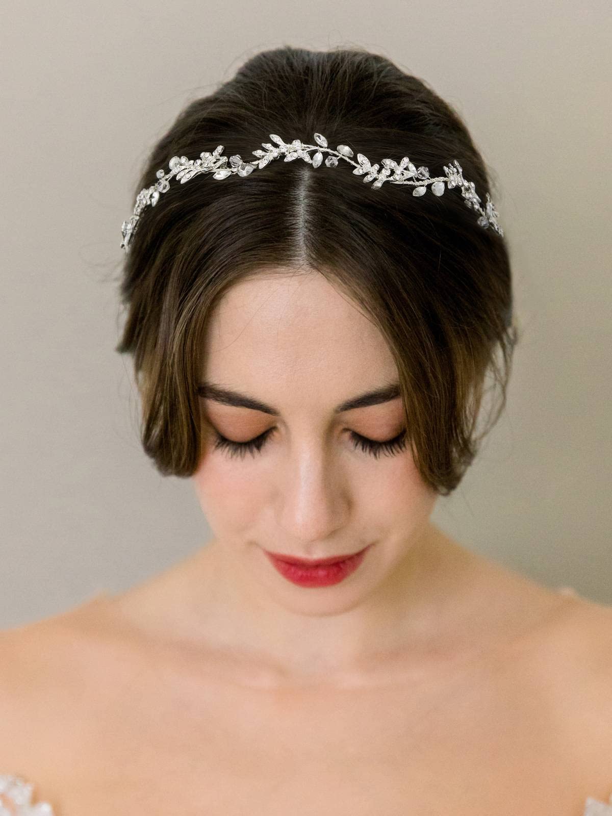 SWEETV headpiece with crystal leaves close-up showcasing intricate detail for timeless bridal elegance