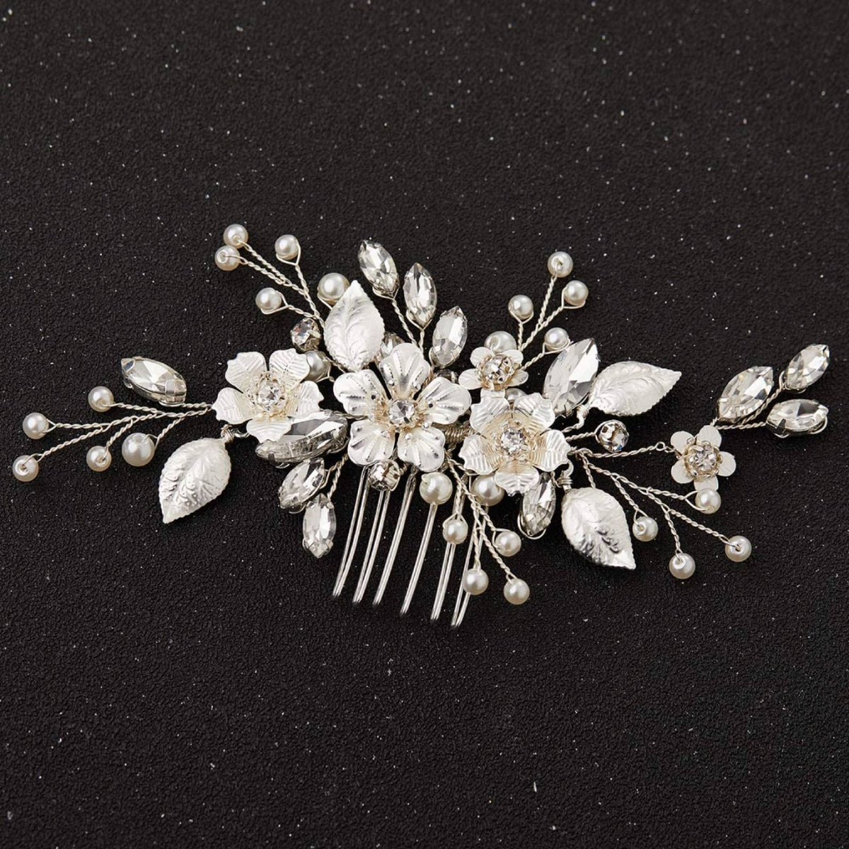 SWEETV silver bridal hair comb with crystals and pearls adds timeless wedding sparkle on your wedding day.