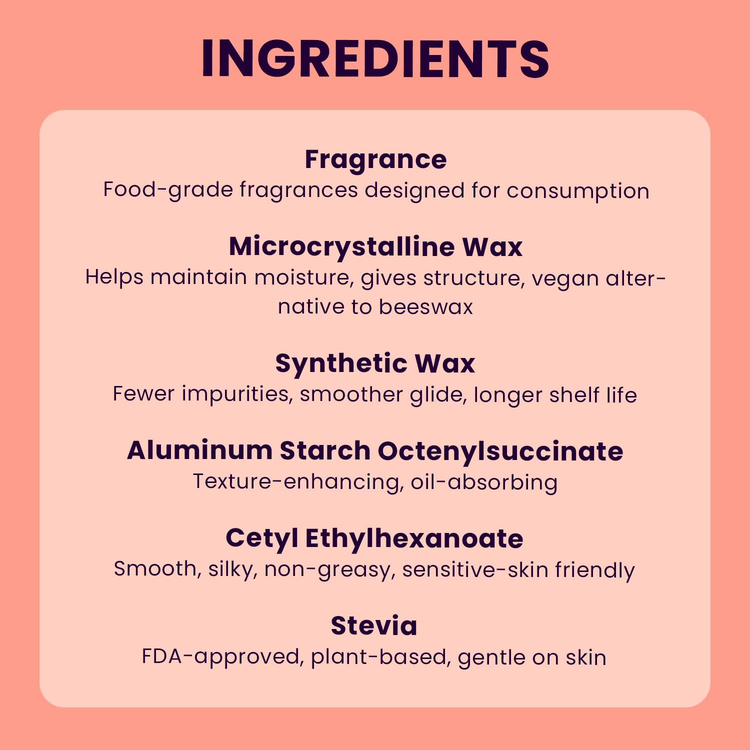 Sweetums SweetSpot ingredients close-up emphasizes beeswax-based hydrating formula.