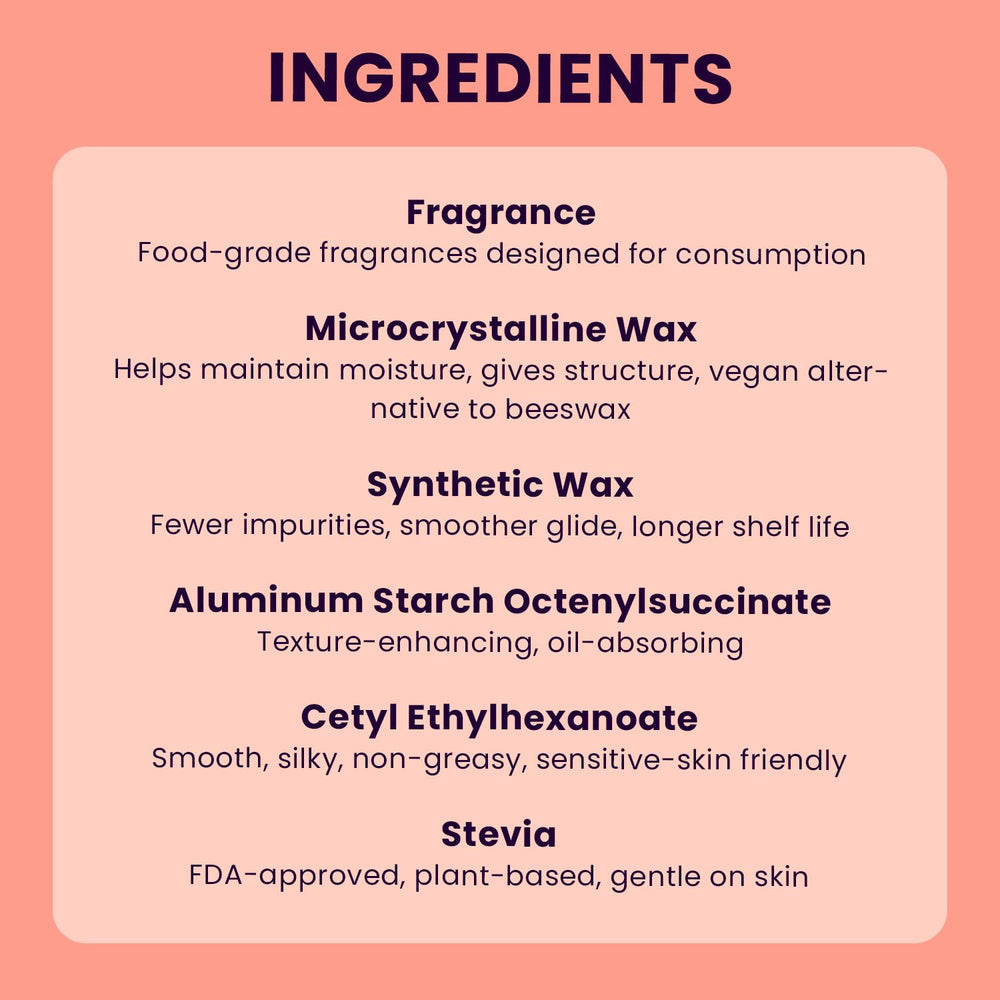 Sweetums SweetSpot ingredients close-up emphasizes beeswax-based hydrating formula.