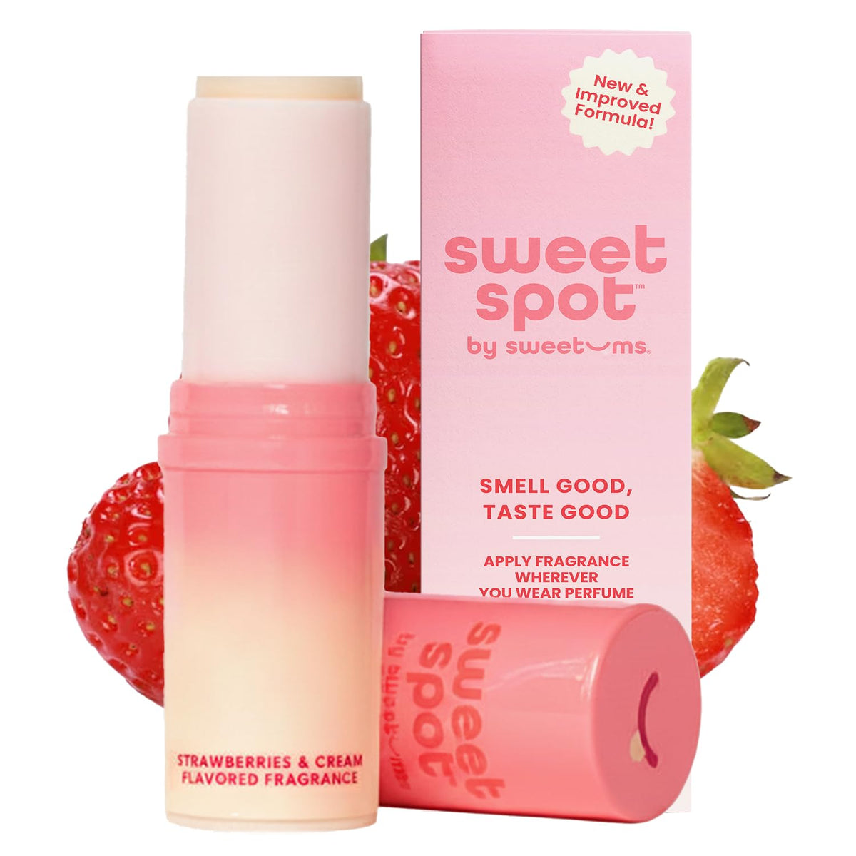Sweetums SweetSpot Stick application close-up for discreet on-the-go fragrance touch-ups.