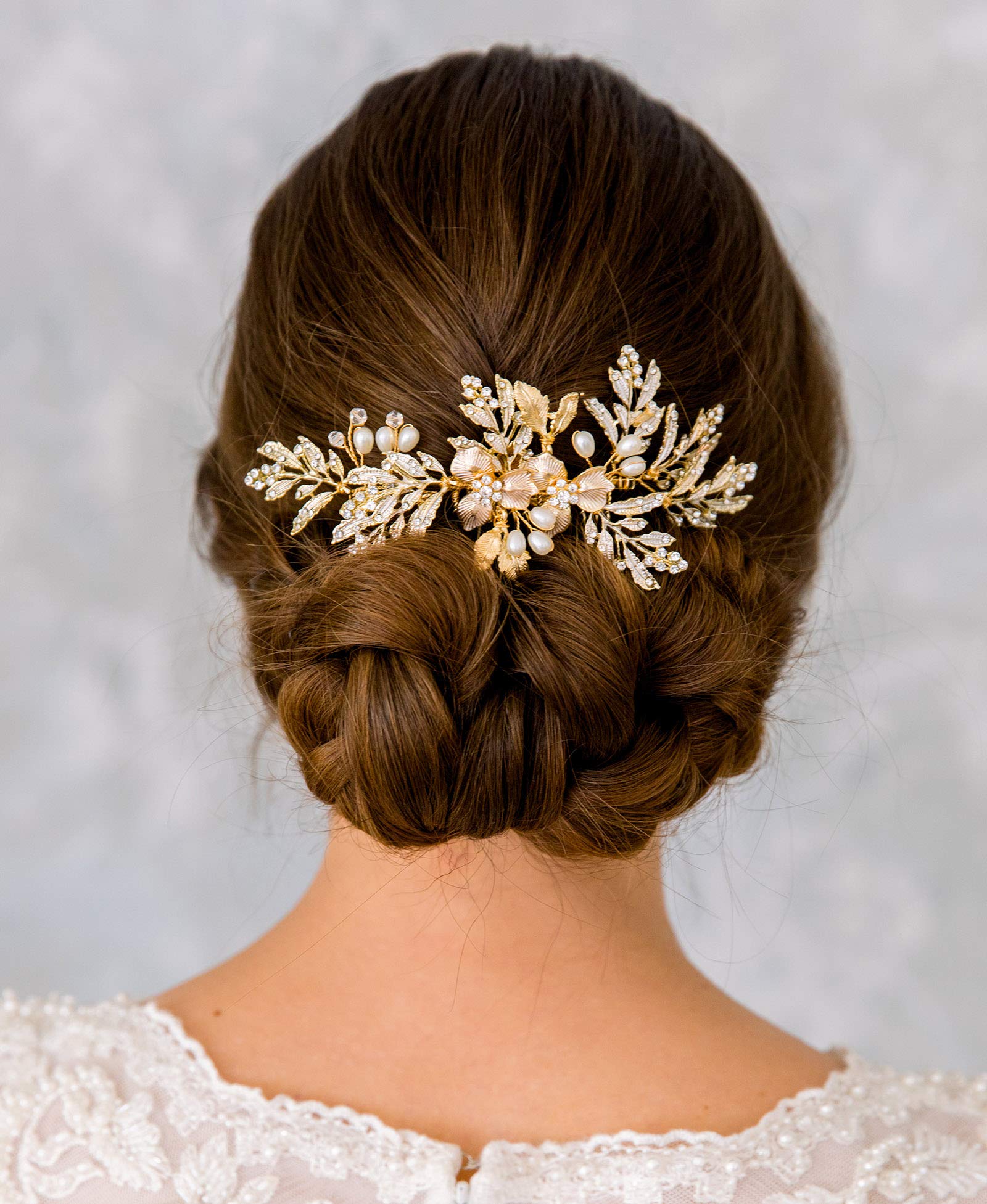SWEETV bridal hair comb with pearls and rhinestones enhances elegant updo styling.