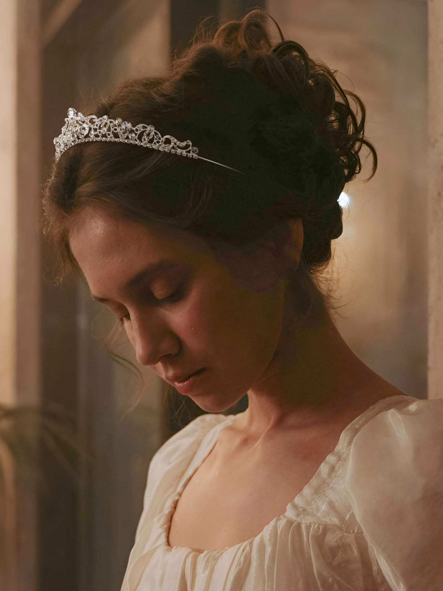 SWEETV model wearing tiara in Bridgerton-inspired look
