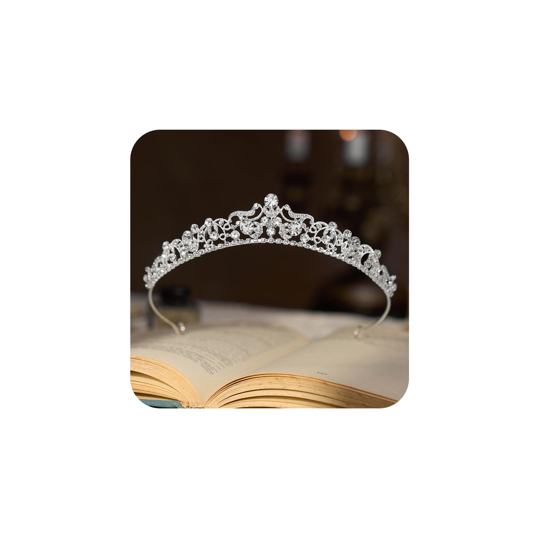 SWEETV silver tiara front view showing crystal detail for bridal elegance.