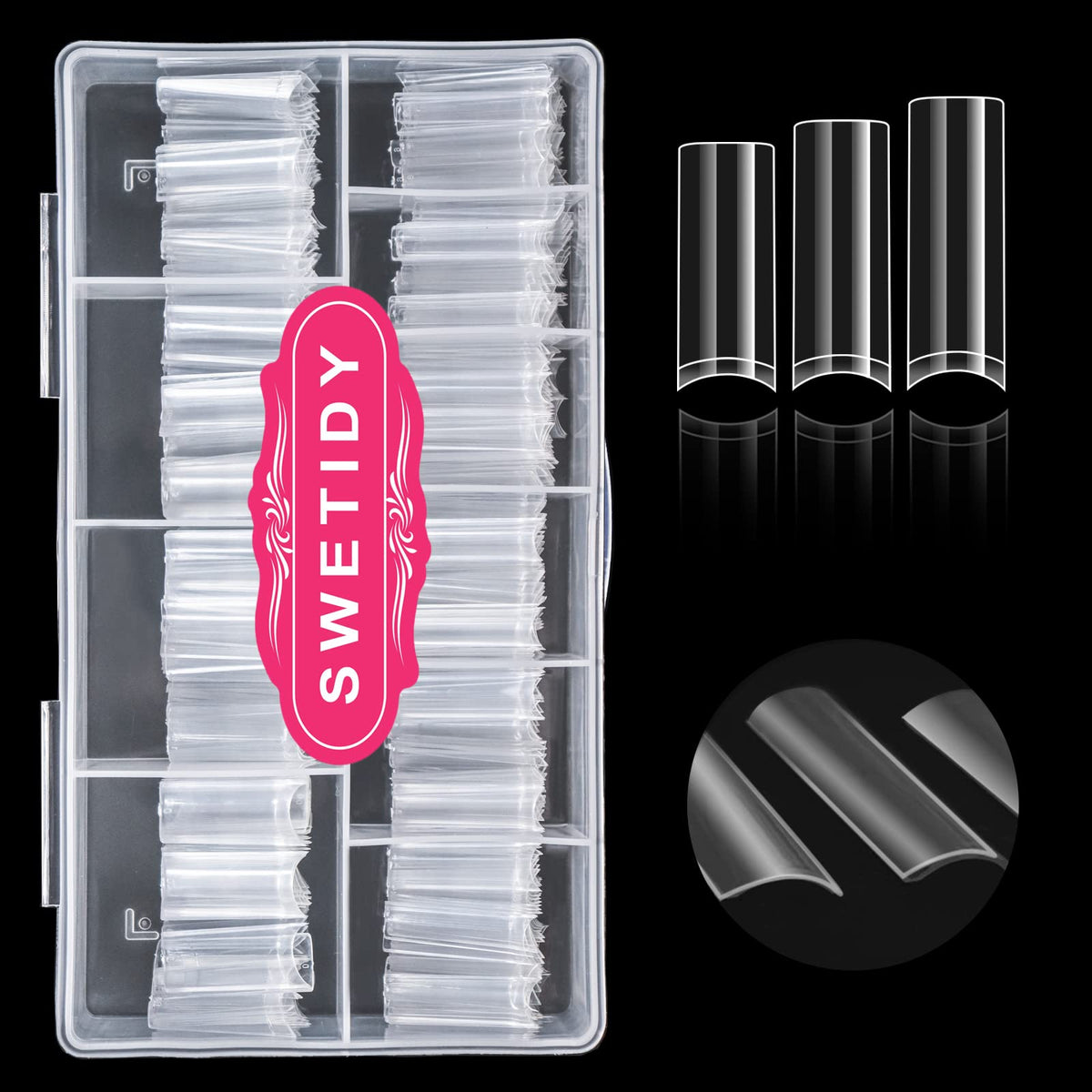 SWETIDY clear nail tips in a sturdy box for organized storage and quick access.