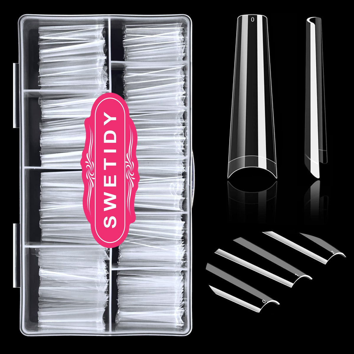 SWETIDY XXL no C Curve coffin tips packfront in clear finish for DIY nail art.