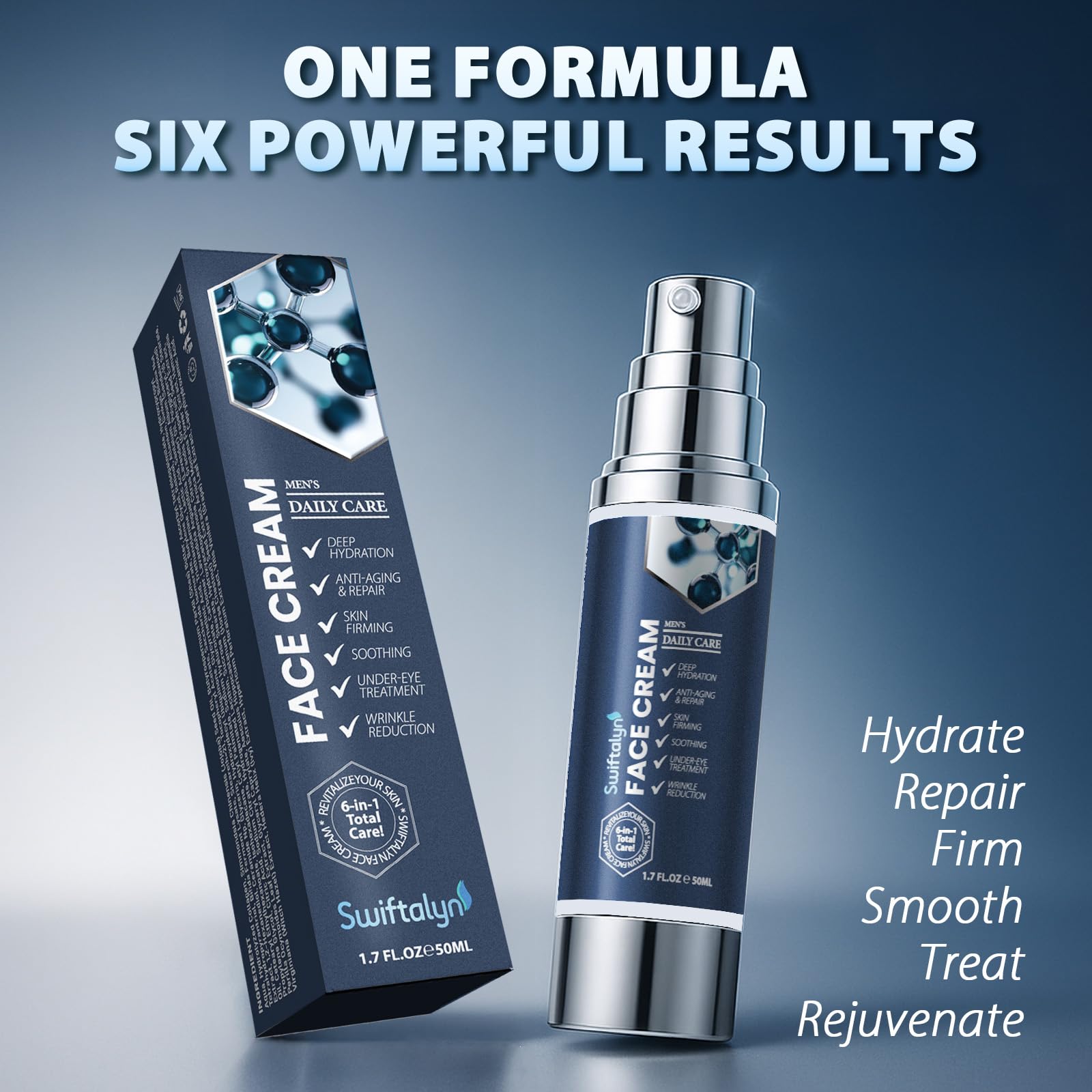 Packaging design of Swiftalyn 6-in-1 embodies clean, masculine skincare aesthetics.