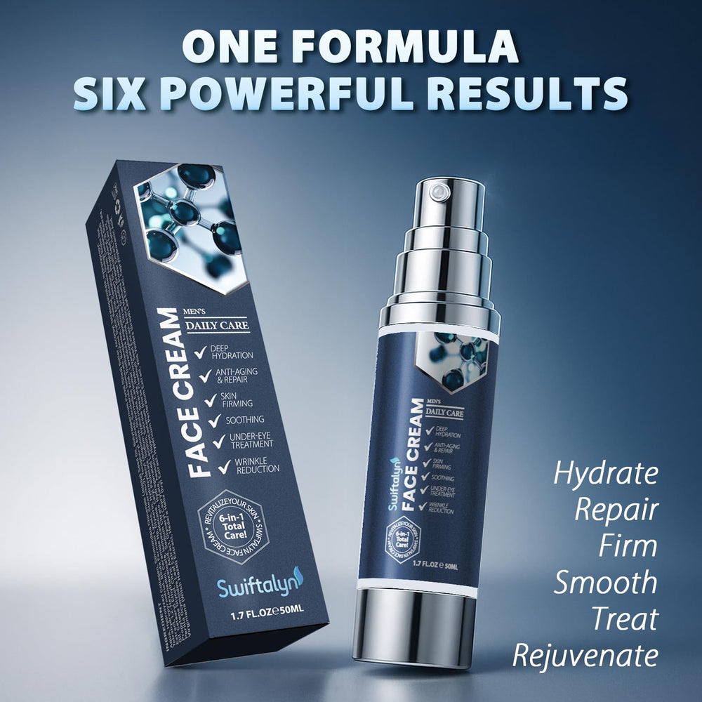Packaging design of Swiftalyn 6-in-1 embodies clean, masculine skincare aesthetics.