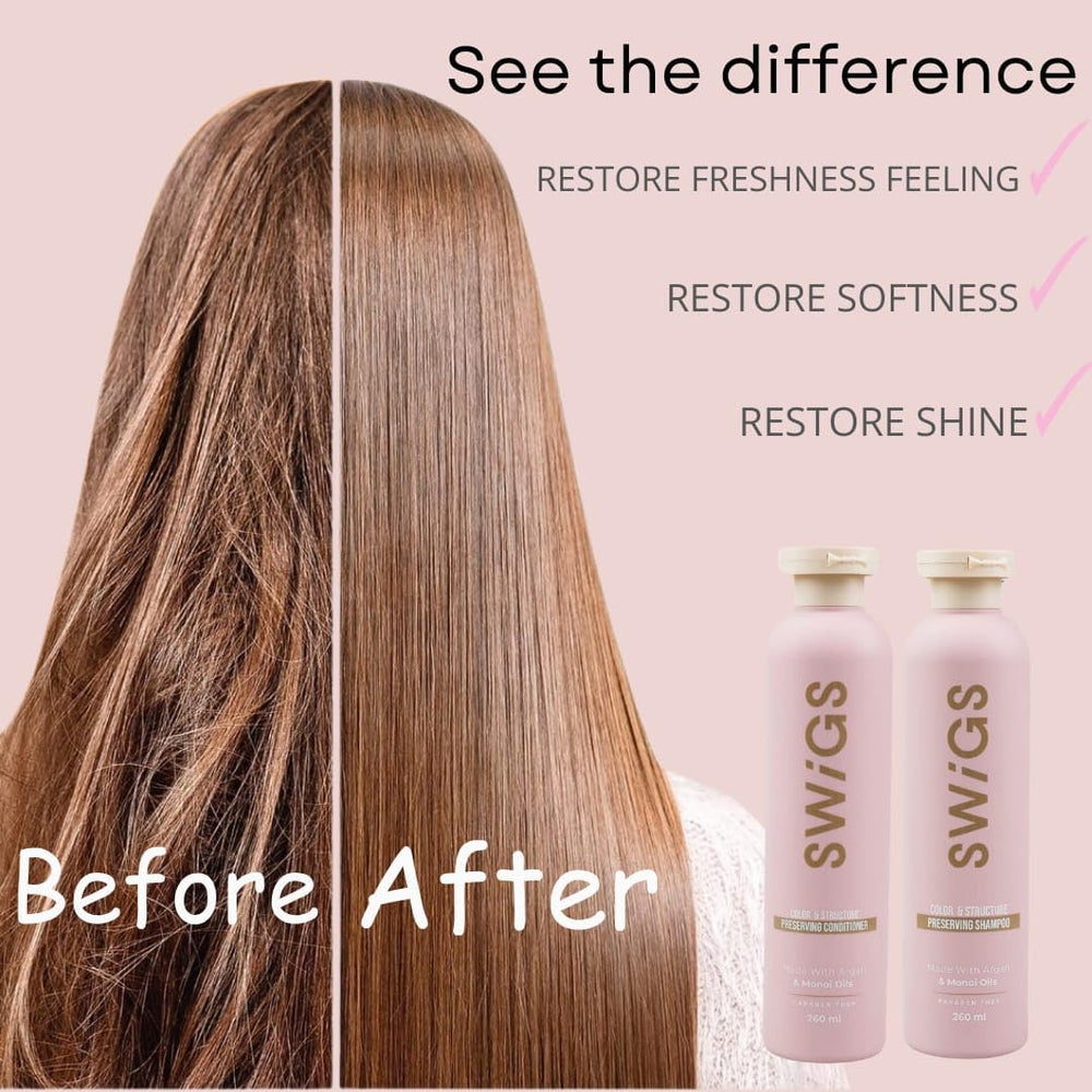 Swigs wig shampoo being lathered, illustrating easy cleansing and fiber care.