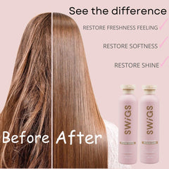 Swigs wig shampoo being lathered, illustrating easy cleansing and fiber care.