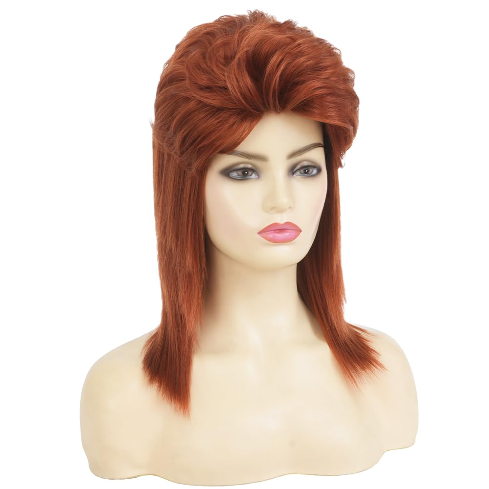 Swiking orange mullet wig close-up shows heat-resistant fibers and realism.