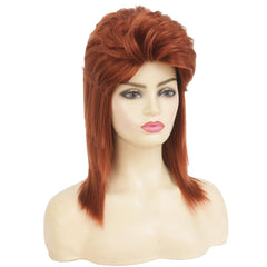 Swiking orange mullet wig close-up shows heat-resistant fibers and realism.